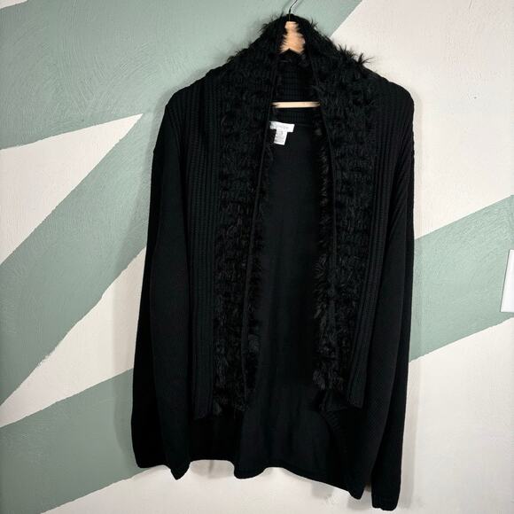 Chico's Women's Size 3 Black Cable Knit Furry Collar Open Front Cardigan Jacket - Picture 8 of 9